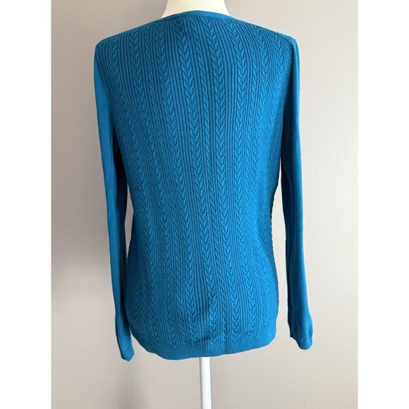 Talbots Cable Knit Sweater Lightweight V Neck Teal Blue Cotton Knit Preppy Large - Picture 9 of 16
